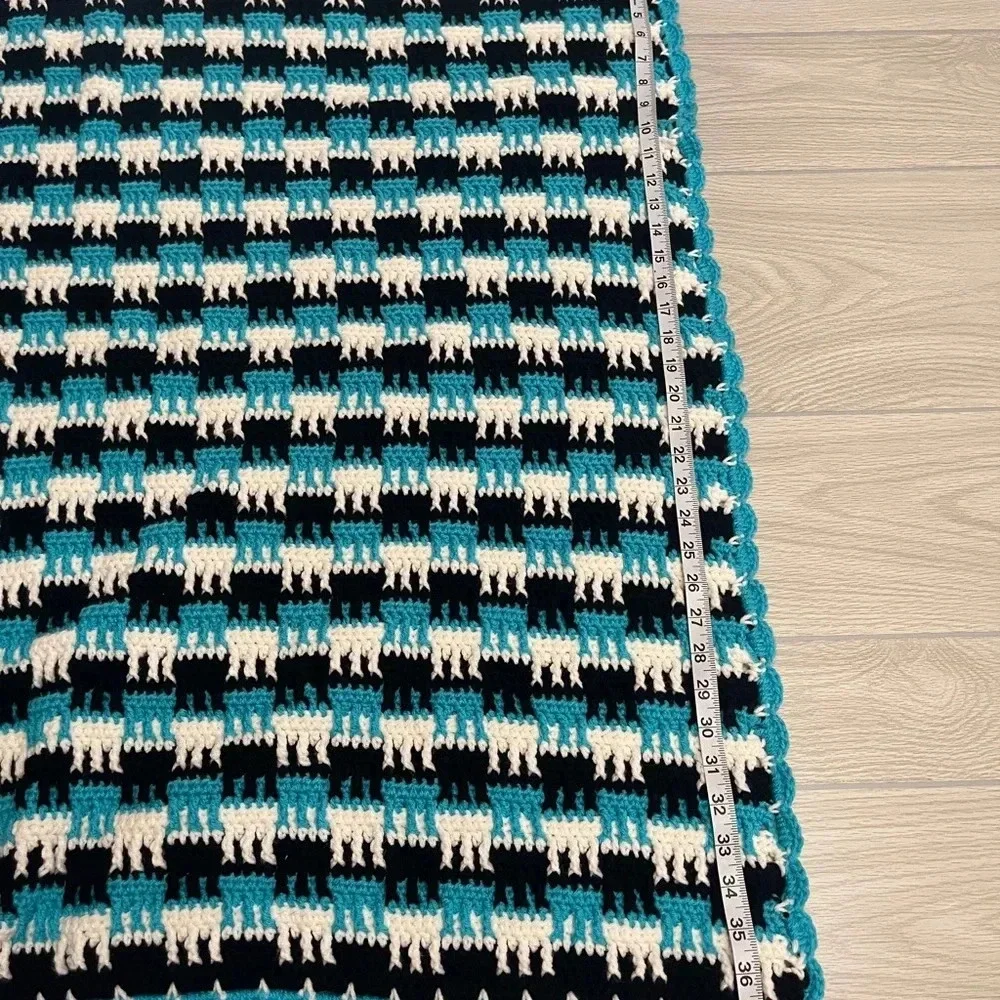 Hand Crochet Teal White Black Acrylic Baby Blanket 38”W x 40”L